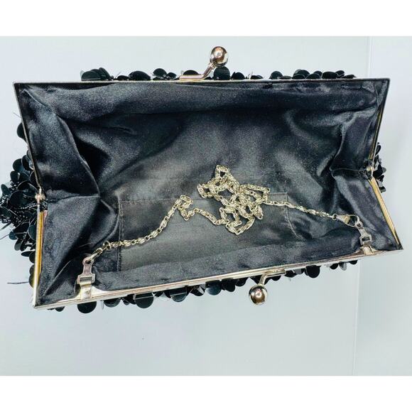 Vintage Clutch Large Beaded & Sequined Evening Bag - Hideable Metal Strap - Picture 8 of 8